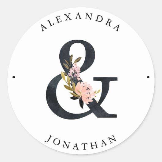 Elegant Ampersand | Zwarte en witte bruiloft Ronde Sticker (Voorkant)