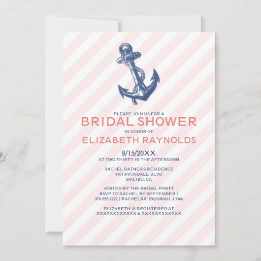 Elegant Anchor Nautical Bridal Shower Invitations Kaart (Voorkant)