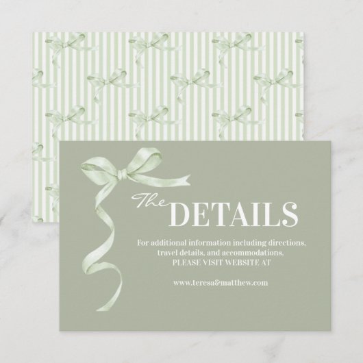 Elegant and Modern Sage Bow  Wedding Informatiekaartje (Voorkant / Achterkant)