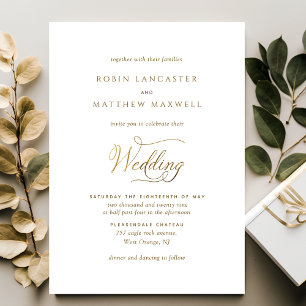 Elegant and Simple White and Gold Wedding Kaart
