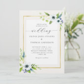 Elegant Anemone Blue Gold Floral Lijst Wedding Kaart (Staand voorkant)