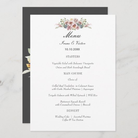 Elegant Anemone Dark Grey Wedding of Party Menu (Voorkant / Achterkant)