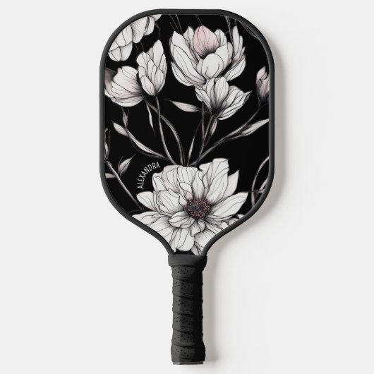 Elegant Anemone Floral Custom Name Black Pickleball Paddle (Voorkant)