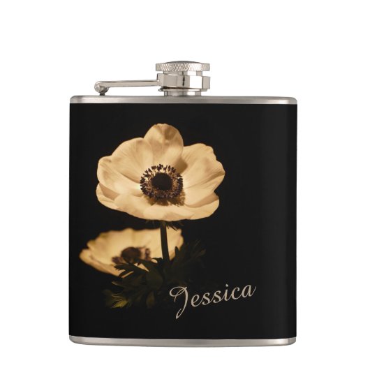 Elegant Anemone Flower Black Personalised Heupfles (Voorkant)