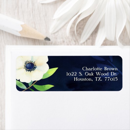 Elegant Anemone Navy Blue Wedding Address Etiket (Insitu)