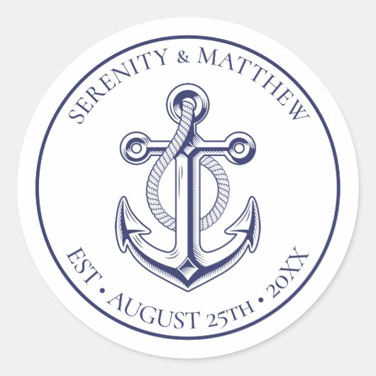 Elegant anker Marine Blauw Nautische Huwelijk Ronde Sticker (Voorkant)