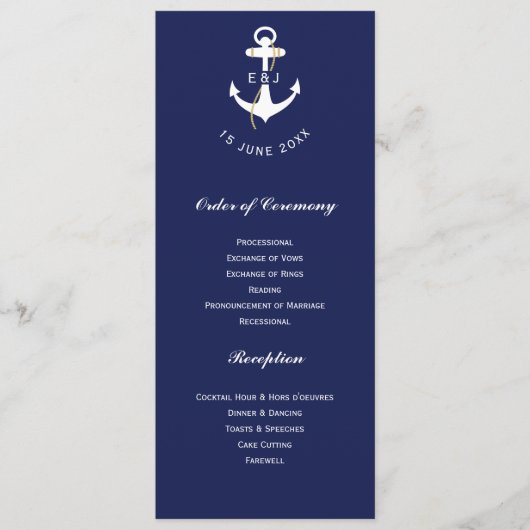 Elegant anker nautische bruiloft Initialen Programmakaart (Voorkant)
