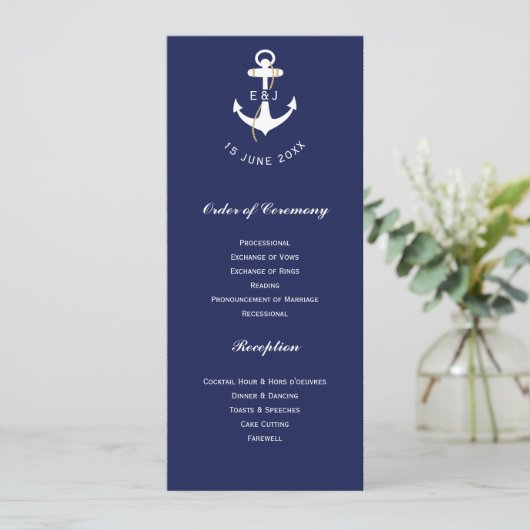 Elegant anker nautische bruiloft Initialen Programmakaart (Staand voorkant)