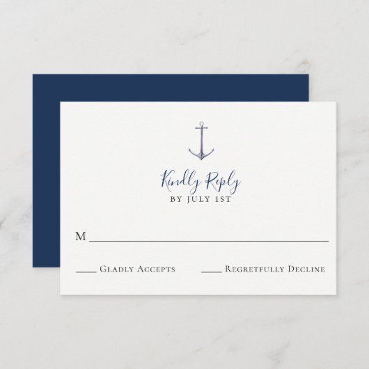 Elegant anker Navy Blue Wedding RSVP Kaart (Voorkant / Achterkant)