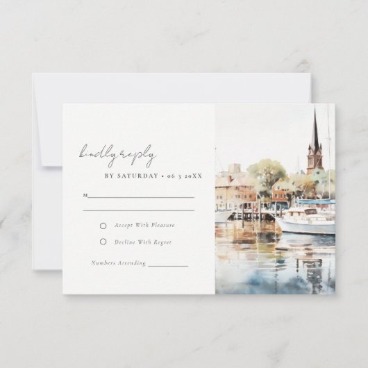 Elegant Annapolis Maryland Watercolor Bruiloft RSVP Kaartje (Voorkant)