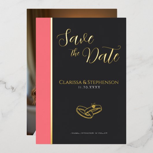 Elegant Anthracite Blush Pink Photo Save The Date Folie Uitnodiging (Voorkant / Achterkant)