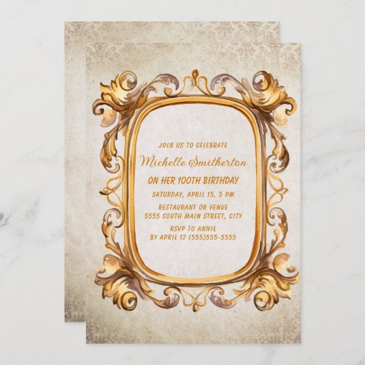 Elegant  Antiek Goud Lijst 100e Verjaardag Kaart (Voorkant / Achterkant)