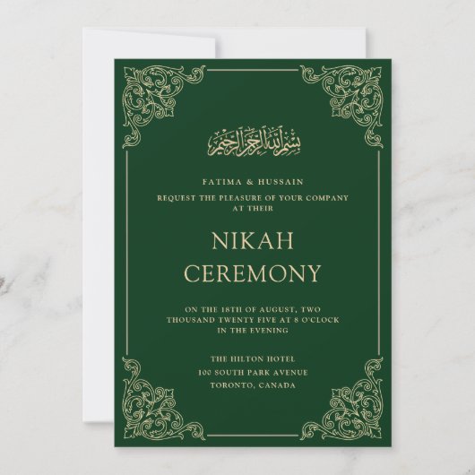 Elegant Antiek Groen Goud Nikah Ceremony Wedding Kaart (Voorkant)