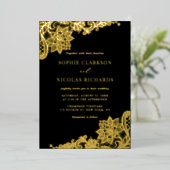 Elegant Antiek Lace Black Weddenschap Gold Folie Uitnodiging (Staand Voorkant)