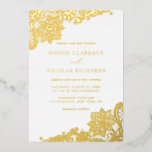 Elegant Antiek Lace Rustic Wedding Gold Folie Uitnodiging<br><div class="desc">Nodig familie en vrienden uit voor je bruiloft met deze gouden bruine huwelijksuitnodiging. Hij heeft een antiek kant van de bloem en de bladeren. Deze uitnodiging voor een bloedige bruiloft is perfect voor themaweddenschappen. Pas deze gouden uitnodiging voor een oliefilter aan door namen, datum, tijd, plaats en andere gebeurtenisdetails toe...</div>