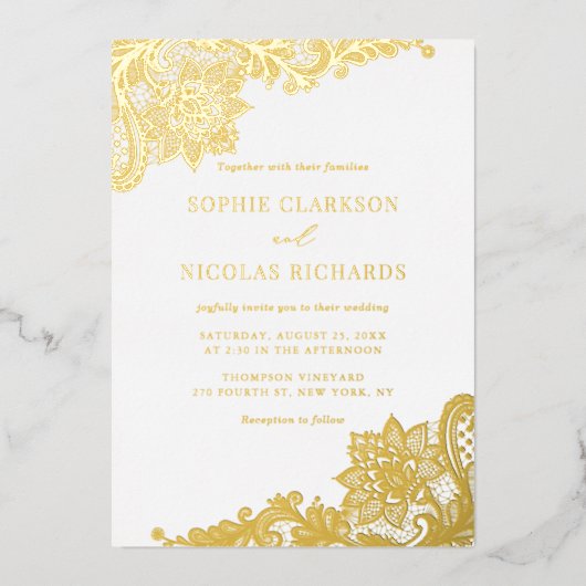Elegant Antiek Lace Rustic Wedding Gold Folie Uitnodiging (Voorkant)