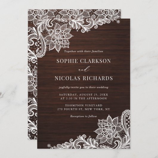 Elegant Antiek Lace Rustic Wood Wedding Kaart (Voorkant / Achterkant)