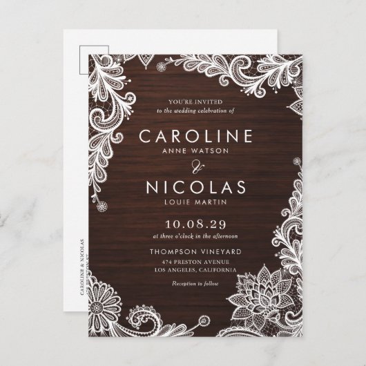Elegant Antiek Lace Wood Country Weddenschap Uitnodiging Briefkaart (Voorkant / Achterkant)