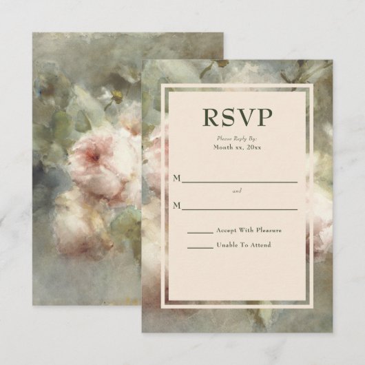 Elegant Antiek Roos, zacht roze Waterverf Floral RSVP Kaartje (Voorkant / Achterkant)