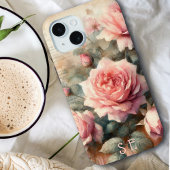 Elegant Antiek Roze Rose Bloemen Monogram Script Case-Mate iPhone Case
