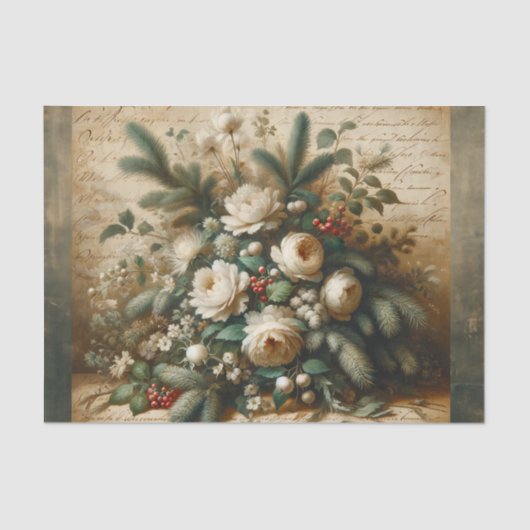 Elegant Antiek Scripted Winter Bloemen Decoupage Tissuepapier (Voorkant)