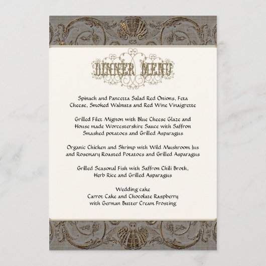 Elegant Antiqued Gold Baroque Custom Monogramed Menu (Achterkant)