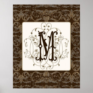 Elegant antiqued Gold Baroque Monogramed Wall Art Poster
