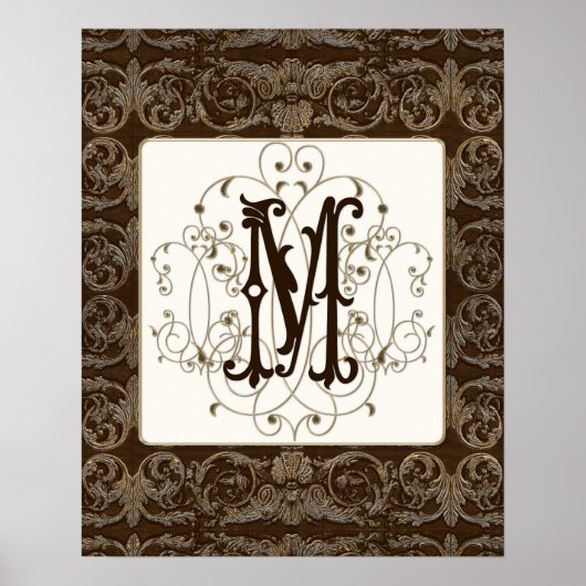 Elegant antiqued Gold Baroque Monogramed Wall Art Poster (Voorkant)