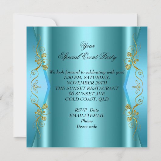 Elegant any Event Party Blauwgroen Blue Gold Butte Kaart (Achterkant)