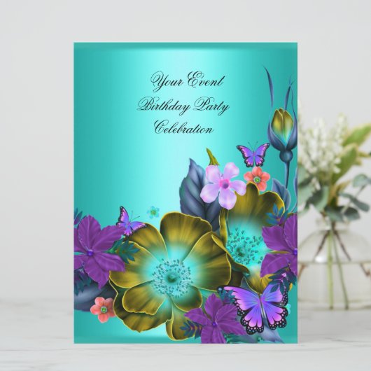 Elegant any Event Party Blauwgroen Paarse Gold Flo Kaart (Staand voorkant)