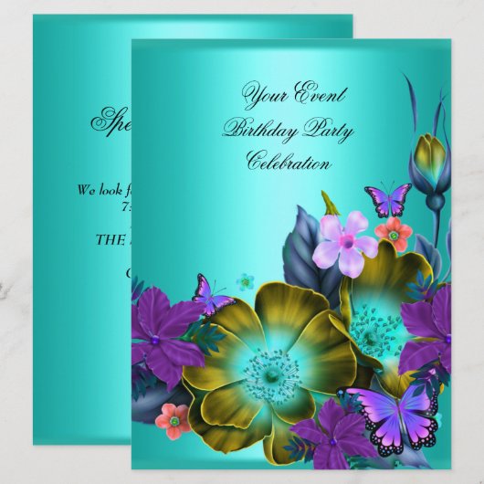 Elegant any Event Party Blauwgroen Paarse Gold Flo Kaart (Voorkant / Achterkant)