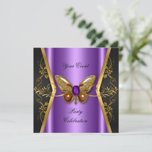 Elegant any Event Party Paars Gold Butterfly Kaart (Staand voorkant)