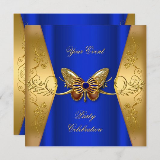Elegant any Event Party Royal Blue Gold Butterfly Kaart (Voorkant / Achterkant)