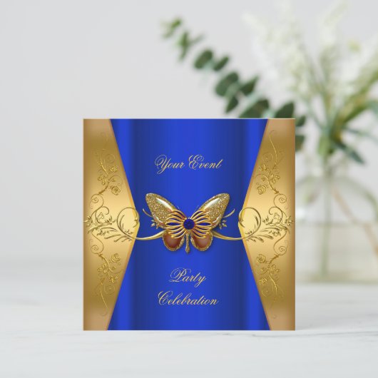 Elegant any Event Party Royal Blue Gold Butterfly Kaart (Staand voorkant)