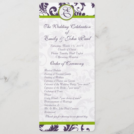 Elegant Apple Green Trim Lapis Paars Damask Programmakaart (Voorkant)