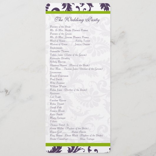 Elegant Apple Green Trim Lapis Paars Damask Programmakaart (Achterkant)