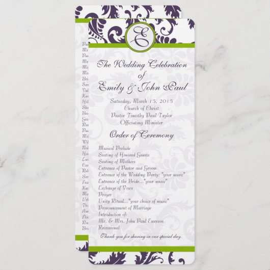 Elegant Apple Green Trim Lapis Paars Damask Programmakaart (Voorkant / Achterkant)