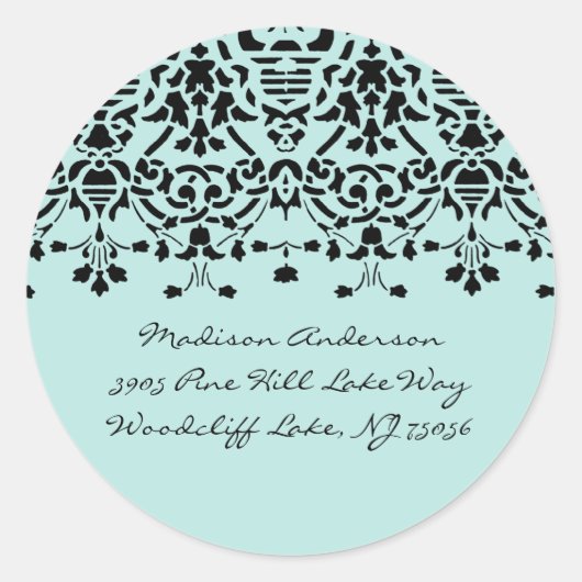 Elegant Aqua & Black Damask Adreslabel Sticker (Voorkant)