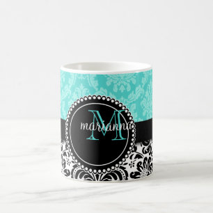 Elegant Aqua Black Damask gepersonaliseerd Koffiemok