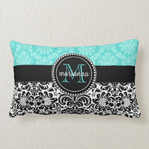Elegant Aqua Black Damask gepersonaliseerd Kussen
