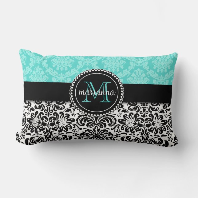 Elegant Aqua Black Damask gepersonaliseerd Kussen (Voorkant)
