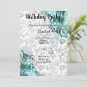 ELEGANT AQUA BLACK WHITE FLORAL BIRTHDAY KAART (Staand voorkant)