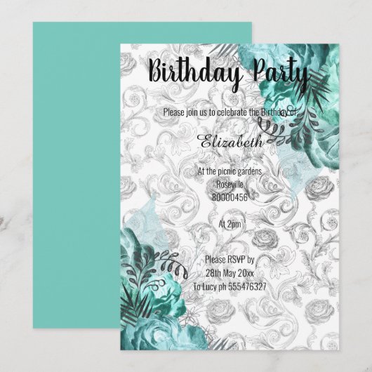 ELEGANT AQUA BLACK WHITE FLORAL BIRTHDAY KAART (Voorkant / Achterkant)