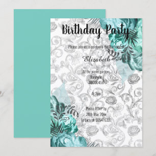 ELEGANT AQUA BLACK WHITE FLORAL BIRTHDAY KAART