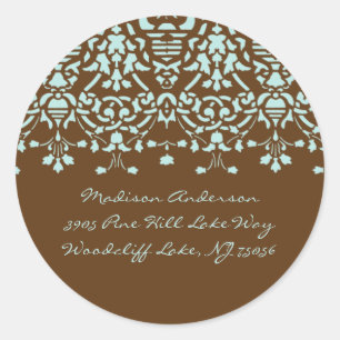 Elegant Aqua Blauw & Bruin Damast Adreslabel Ronde Sticker