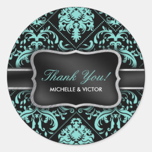Elegant Aqua Blauw en Zwart Damask Dank u Ronde Sticker