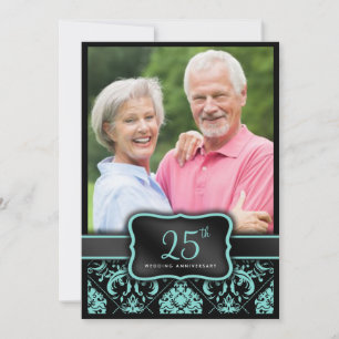 Elegant Aqua Blauw en Zwart Damast 25e Huwelijksju Kaart