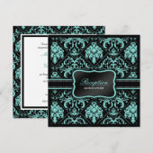 Elegant Aqua Blauw en Zwart Damast Ontvangst Kaart (Voorkant / Achterkant)