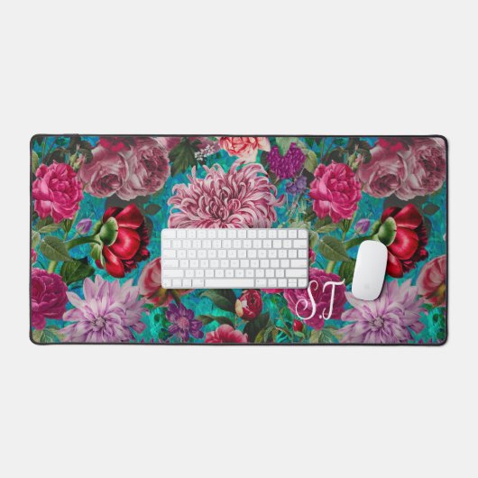 Elegant  aqua blauw Floral monogram Bureaumat (Keyboard & Muis)