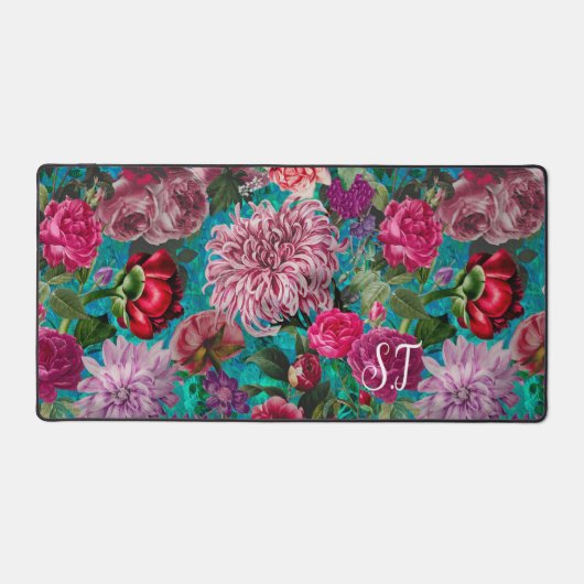 Elegant aqua blauw Floral monogram Bureaumat (Voorkant)